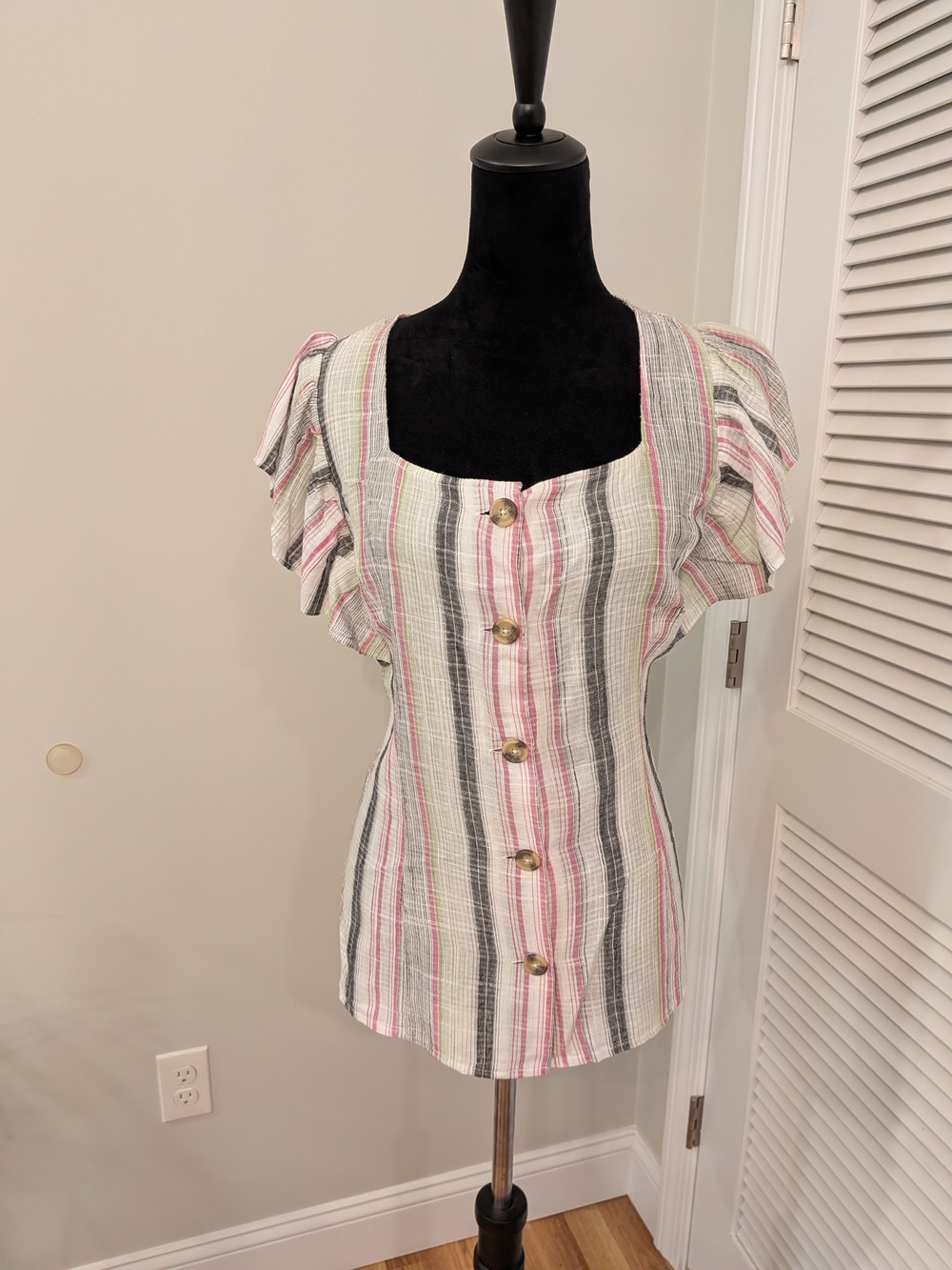 B#1 Striped Button-Front Square Neck Top in Pink and Gray Size M New No Tag